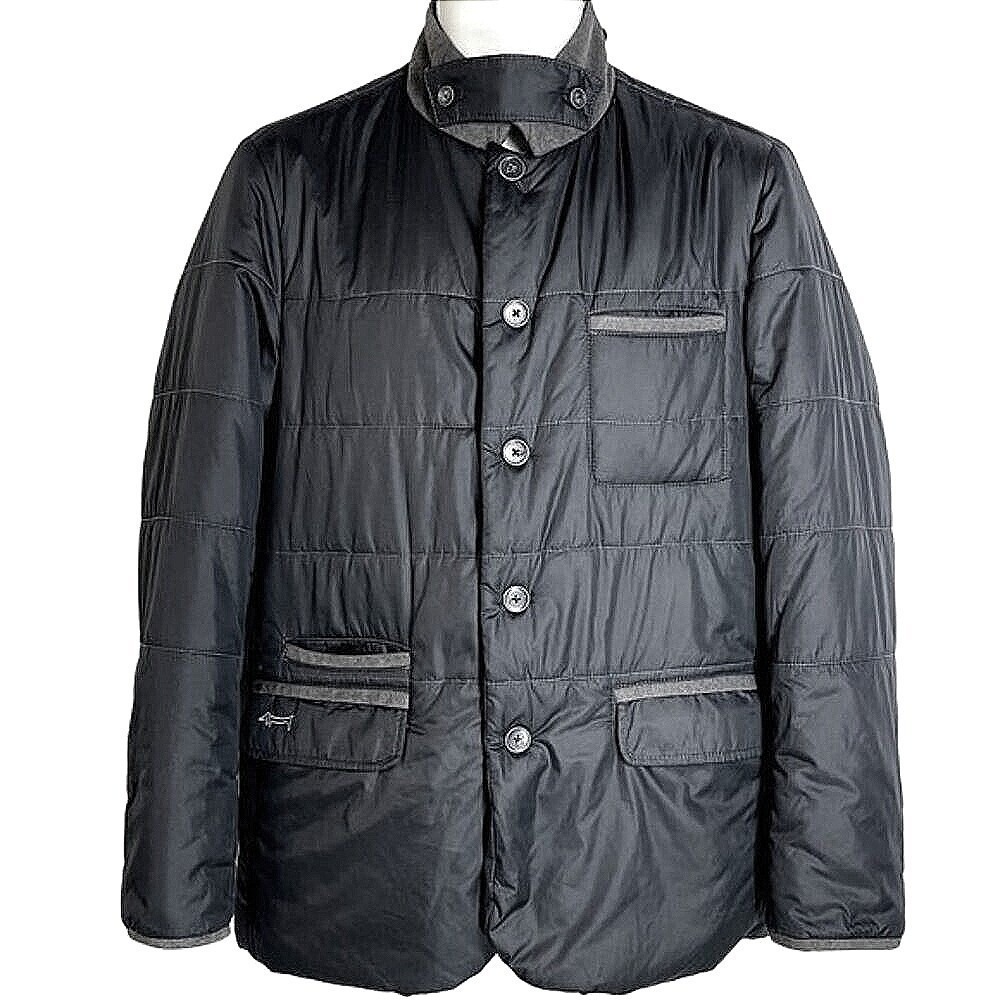 Louis Castel Mens‎ Quilted Jacket Black Grey Trim Button Front Size 95 Medium